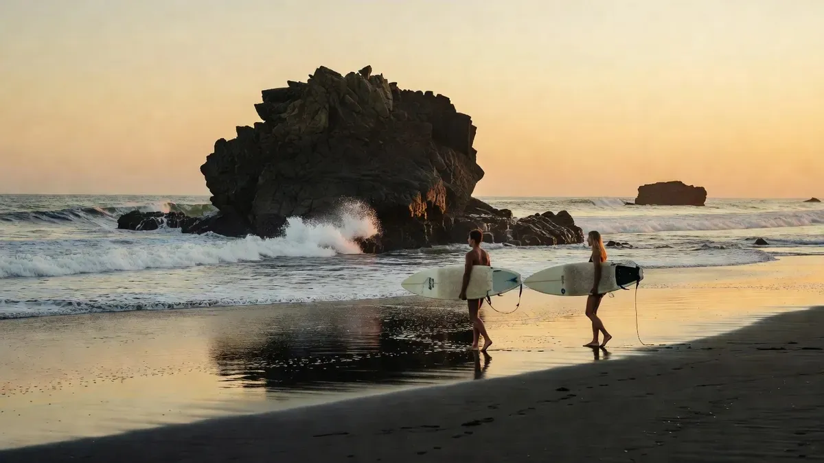 Black-sand El Tunco surf beach at sunset near the start of a Tamanique waterfalls tour on El Salvador's Surf City coast