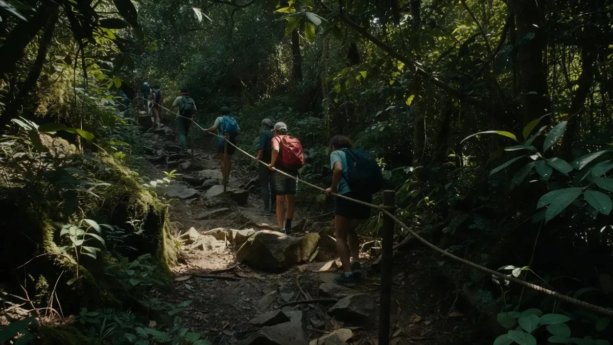 Hikers descending a steep, shaded jungle trail toward the falls on a Tamanique waterfalls tour in the El Bálsamo mountains, El Salvador