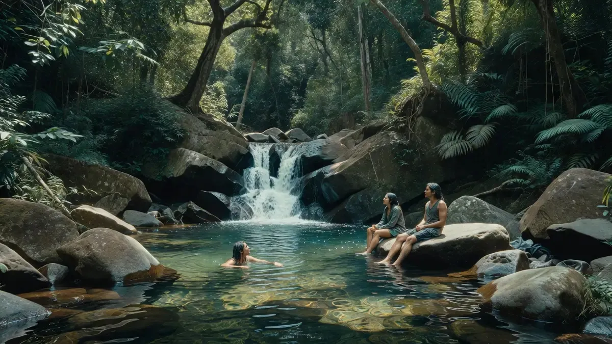 Clear spring-fed natural pool at the base of the Tamanique waterfalls where hikers swim on a Tamanique waterfalls tour in El Salvador